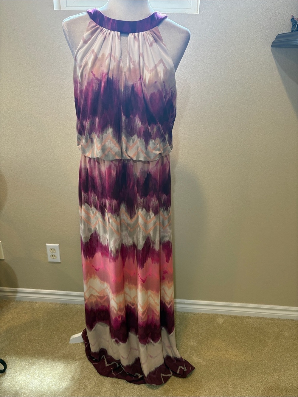 London Times Purple and Pink Halter Chevron Maxi Dress-Size 14